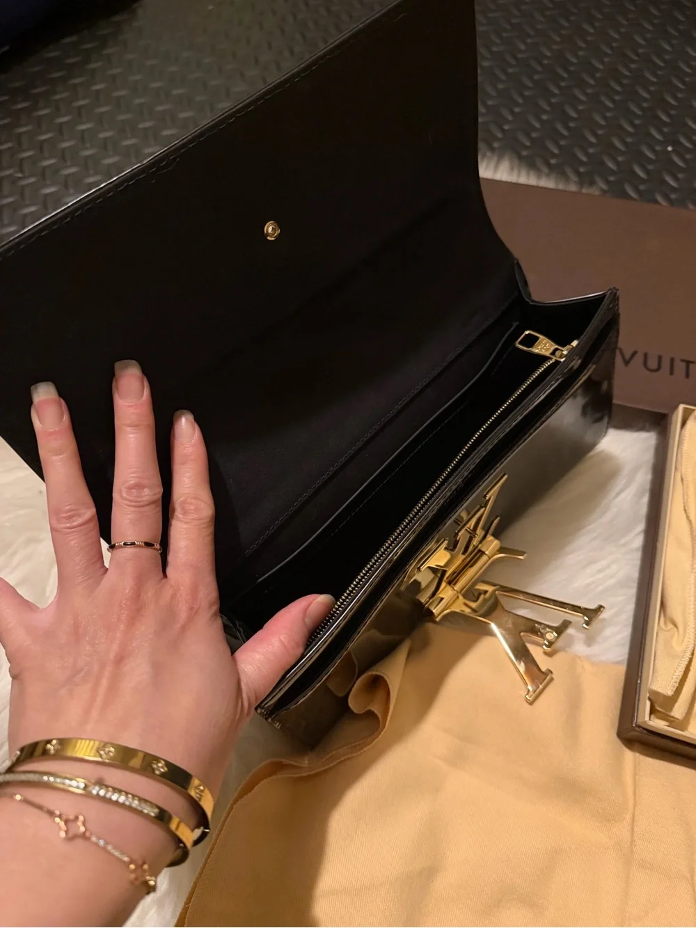 Louis Vuitton Black Patent Satchel with Gold LV Emblem